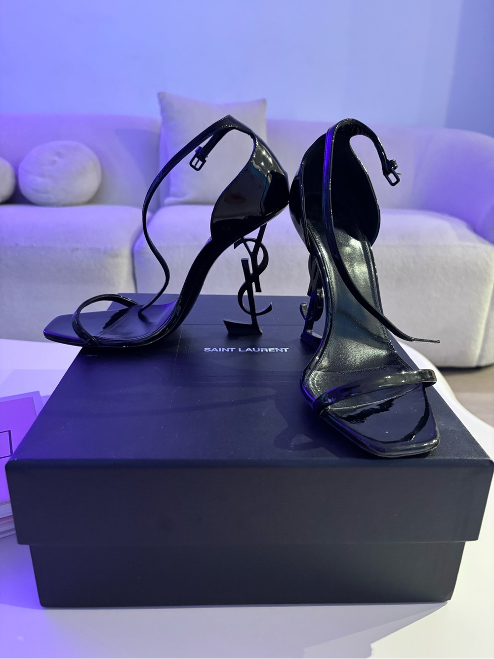 Saint Laurent Black Patent Opyum Logo-Heel Ankle-Strap Sandals